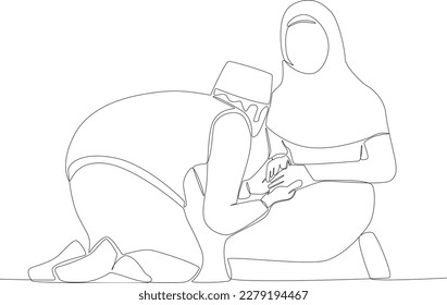 A boy apologized to his mother. Silaturahim one-line drawing