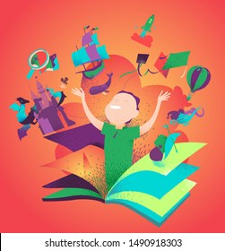 Boy appearing from a book. Concept of reading books being an adventure. Kids imagination, tales, stories, discovery. Children literature colorful bookcover. Vector illustration