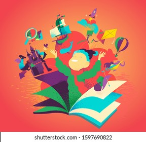 Boy appearing from a book. Concept of reading books being an adventure. Kids imagination, tales, stories, discovery. Children literature colorful bookcover - Vector