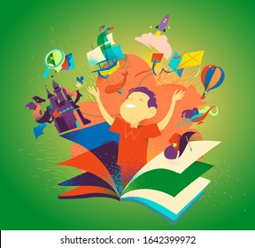 Boy appearing from a book. Concept of reading books being an adventure. Kids imagination, tales, stories, discovery. Children literature colorful bookcover. Vector illustration