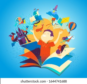 Boy appearing from a book. Concept of reading books being an adventure. Kids imagination, tales, stories, discovery. Children literature colorful bookcover. Vector illustration