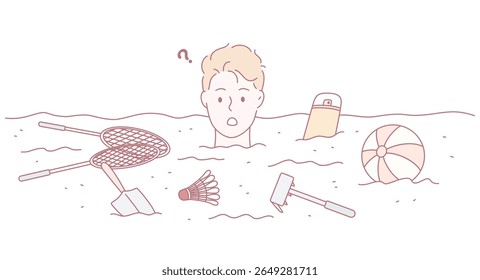A boy appears significantly surprised while floating happily in a pool surrounded by colorful toys around him