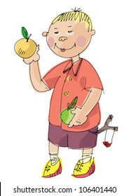 boy with apple - cartoon