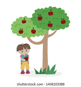 The boy and the apple tree story vector illustration cartoon. A boy and an apple tree pastel vector cartoon. 