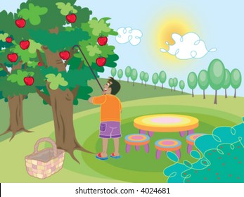 boy and apple tree (vector) - cartoon illustration