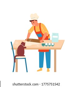 Boy In Apron And Chef Hat Making Dough With Rolling Pin. Kitchen Table With Eggs, Flour and Cat. Flat Vector Illustration.