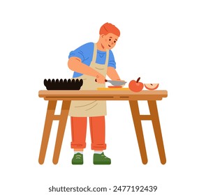 Boy in apron cutting an apple on a cutting board flat vector illustration isolated on white. Kid making an apple pie.