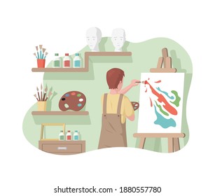 Boy in apron drawing abstract picture on canvas in art studio vector flat illustration. Artist drawing on easel, art workshop interior with brushes, paints, frames. Creative hobby concept.