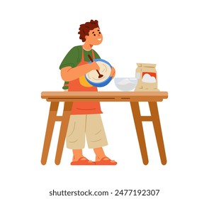 Boy in apron making a dough flat vector illustration isolated on white. Kid cooking.