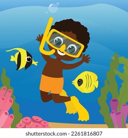 A boy aquadiver swims underwater with fish. Picture for children's puzzles. Cute baby in the underwater world in cartoon style.