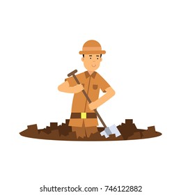 Boy archaeologist character digging pit with shovel