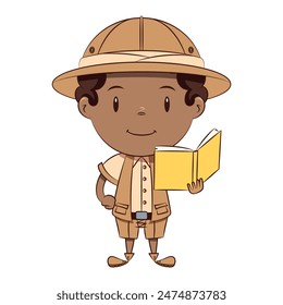 Boy archaeologist holding book, vector illustration