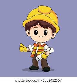 Boy Architect Construction Holding Paper Sketch Cartoon Vector Illustration