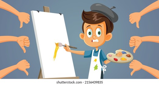 
Boy With Art Hobby Receiving Criticism Vector Cartoon Illustration. Upset Parents Not Supportive Of The Artistic Talents Of Their Child
