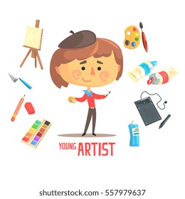 Boy Artist Painter, Kids Future Dream Professional Occupation Illustration With Related To Profession Objects. Smiling Child Carton Character With Career Attributes Around Cute Vector Drawing.