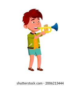 Boy Artist Playing On Trumpet In Orchestra Vector. Asian Child Play On Trumpet Musician Instrument In Musical Classroom. Character Preteen Performing Music Flat Cartoon Illustration