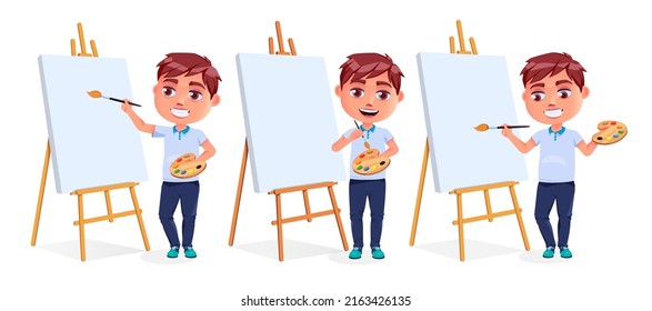 Boy artist vector character set design. Creative male characters painting with easel, canvas and palette elements for artistic school kids activity. Vector illustration.
