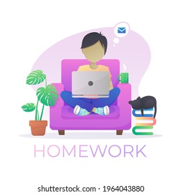 Boy, asian sitting in purple armchair with laptop, notebook, books, plants in a pots, cat  and cup of coffee. Vector illustration isolated on white background.