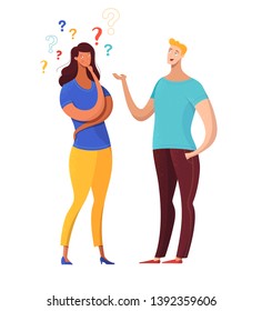 Boy asking girl questions flat vector illustration. Cheerful man talking to confused woman. Thoughtful lady considering offer, options isolated character. Cartoon couple sharing news, secrets