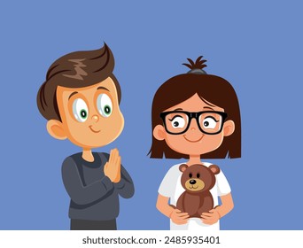 
Boy Asking Polite to Play with a Toy Vector Cartoon. Little girl sharing with kindness her toys with little brother 
