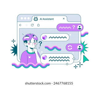 El chico hace una pregunta a Inteligencia Artificial.  Primer plano del navegador. Chatea con el asistente de Ai. Hombre lindo asiático con cara considerada. Ilustración vectorial