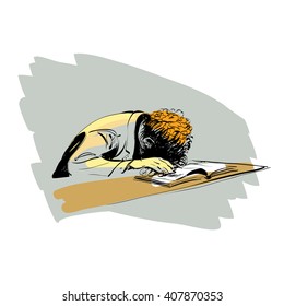 boy asleep on a textbook education school
