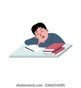 boy asleep while studying with book at desk for education at class illustration