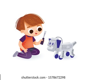 Boy assembling, building  robot dog with screwdriver. Engineering for kids. Boy playing with interactive toy. Intelligence robotic dog or artificial pet friend. Child with robot dog. Digital cyber dog