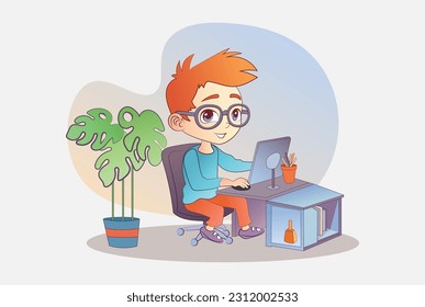 Boy Assembling and Programming Robot, young engineer character working on future technology. Educational project cartoon style, back to school, vector illustration