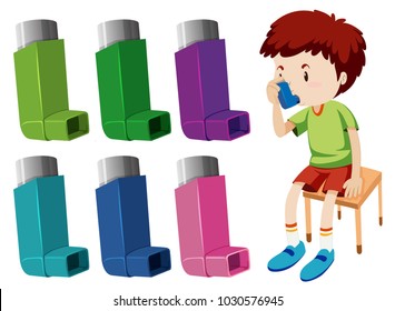 Boy with asthma with different asthma inhalers illustration