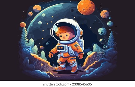 Junge Astronaut. Cartoon Astronaut auf einem Fantasieplanet. Vektorgrafik