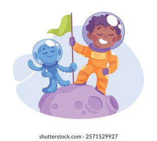 Boy Astronaut Character with Alien in Outer Space Exploring Universe Vector Illustration