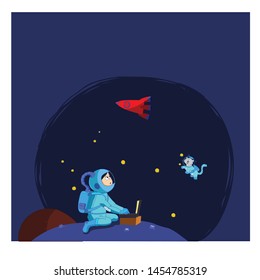 boy astronaut is controlling his rocket with his laptop, a cat is with him in the space.Vector illustration. - Vector