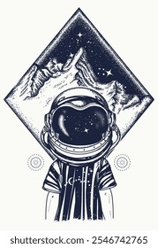 Menino astronauta em capacete e montanhas mágicas. Símbolo de sonhos, aventura, imaginação, criatividade, grande ao ar livre. Conceito de design de camiseta