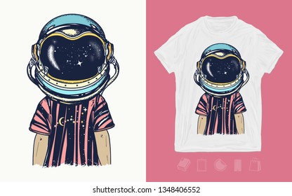 Boy in astronaut helmet. Print for t-shirts and another, trendy apparel design. Childhood dreams of future 