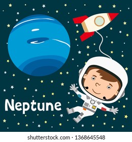 Boy astronaut in outer space next to the rocket on the background of the planet Neptune