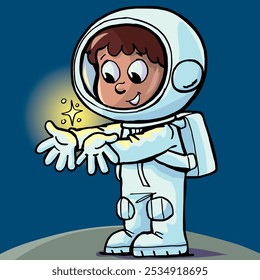 boy astronaut with a particle of light on his palms