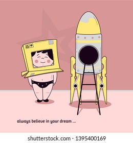 boy astronaut with a rocket. illustration for children's book. print sticker