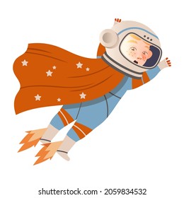 Boy astronaut in space suit flying in space. Design element can be used for children print, books, stickers, posters vector illustration