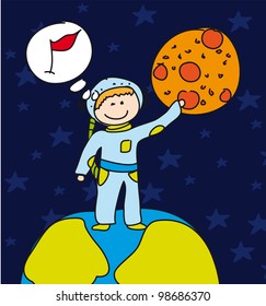 boy astronaut thinking to conquer planet,drawing. vector