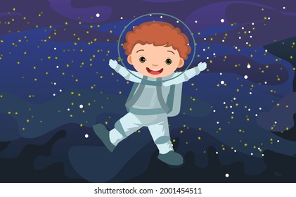 Boy astronauts in spacesuits. Kid. Cosmos background. Childrens illustration. Starry sky landscape. Flat style. Cartoon design. Vector