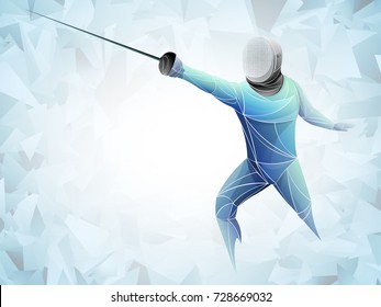 Boy, Athlete Fencer Standing In Attacking Pose. Stylized Fencing Sport