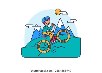 Niño atleta con casco protector y equipo monta en bicicleta de montaña en la zona montañosa contra los picos nevados. Deportes y estilo de vida activo. Icono de vector acariciado de color simple aislado en blanco