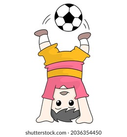 boy athlete soccer doing headstand, vector illustration art. doodle icon image kawaii.