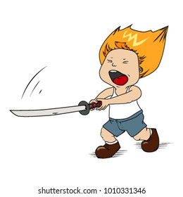 The boy attacks with a katana