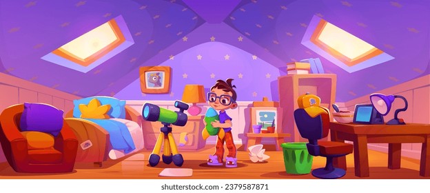 Boy in attic child bedroom interior with telescope. Kid home room with bookshelfm bed, rocket toy and cozy armchair. Modern toddler apartment with character living inside. Playroom design with table