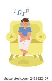 A boy with autism with his eyes closed sits in a soft chair, smiles and listens to music on headphones alone. Relaxation, meditation, art therapy, childhood autism. Vector color illustration