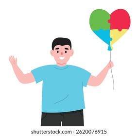 A boy with autism is positive, smiling, holding a balloon in the form of a heart with colorful puzzles. Vector flat graphics.
