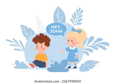 Boy with autism symptoms has problems with communication, flat vector illustration isolated on white. Kid avoiding eye contact and not responding to his name. Autism spectrum disorder awareness.