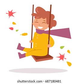 Boy in autumn clothes on a swing. Isolated art on white background. Vector. Cartoon. Flat